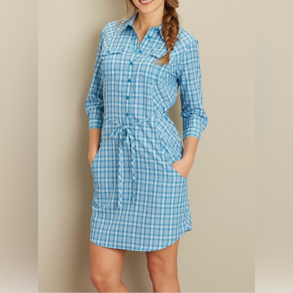 Duluth Armachille Cooling Teal Plaid Shirt Dress Knee  Women's XL Cottagecore
